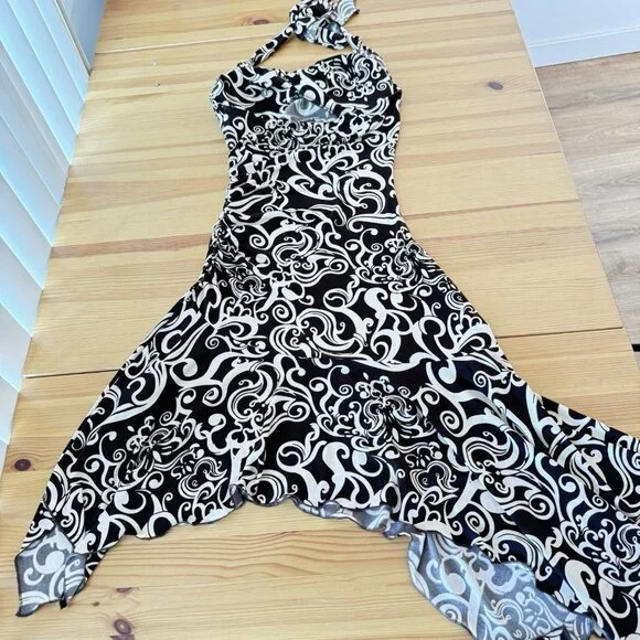 Y2K Ruby Rox Brown Floral Mini Dress Ruched Halter Fairy 90s Asymmetrical Hem S - Picture 5 of 10